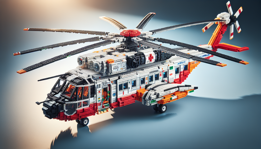 Take a detailed look at a toy set interpretation of the Airbus H175 rescue helicopter. This intricate model, made of plastic construction blocks, carries a high level of detail to reflect the actual m