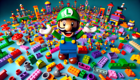 A vibrant, playful universe composed almost entirely of colourful, plastic, interlocking bricks. A prominent figure in the middle of this world is a joyful toy character with a characteristic green ou