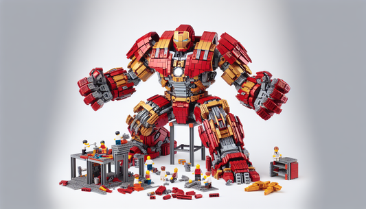 A scene showcasing the construction of a giant, robotic exosuit symbolizing a hardy, titanic hero. The whole setup is made of interlocking brick toys, similar in style to those from a popular building