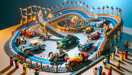 Creating a magical scene with LEGO bricks: Imagine an enchanted race track where miniature car models, evocative of those from classic animations, are being built. These charming vehicles exhibit a va