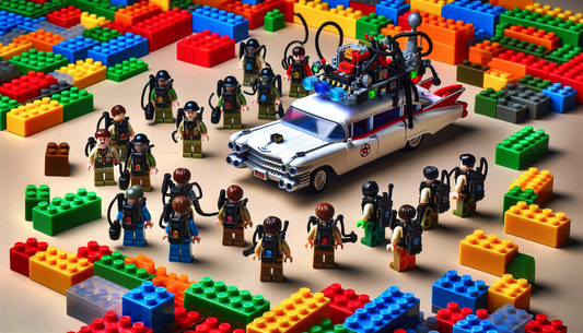 Imagine an expanse of building blocks, consisting of colorful plastic bricks. Several miniature figures are assembled: a group of individuals, clad in uniforms with proton packs attached to their back