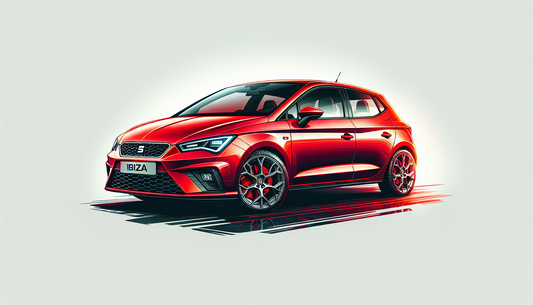 A visual illustration of the compact city car, Seat Ibiza FR, a popular model amongst automotive enthusiasts. The car showcases a vibrant red exterior, sleek contours and aerodynamic design. Accented