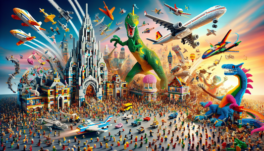Imagine a scene depicting the boundless creativity offered by interlocking plastic bricks, commonly associated with Lego. In this colorful spectacle, an array of structures and objects have been assem