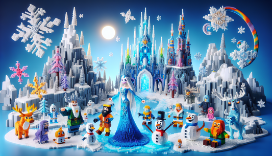 A fantasy arctic landscape made entirely out of colourful interlocking bricks, commonly used in children's construction toys. This frozen world is filled with creatively reimagined characters that emb