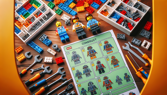 A step-by-step guide demonstrating how to construct a LEGO robot. The scene should include an organized and brightly colored array of LEGO bricks, some of which have already been assembled to resemble