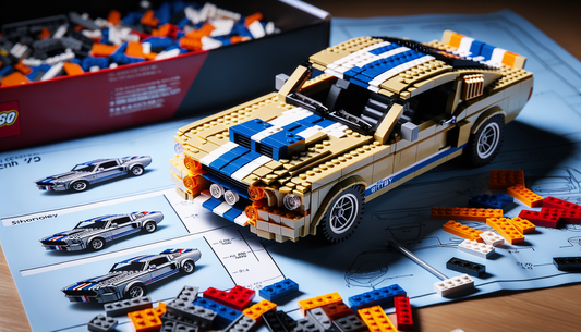 A detailed image of a LEGO model of the iconic Shelby GT500 muscle car. The car should be seen in mid-construction, showcasing the intricate assembly of the small, brightly colored plastic bricks. Fea