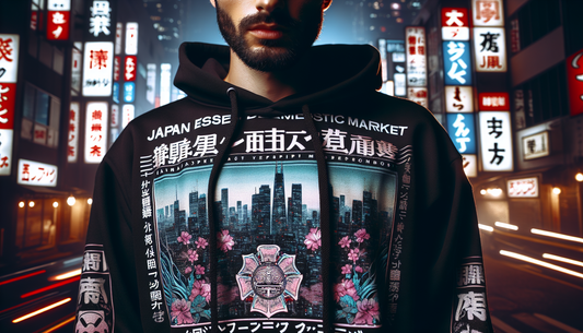 Close-up of a Japanese Domestic Market (JDM) inspired fashion phenomenon: the hoodie. The image showcases the front of the hoodie in detail depicting Japanese kanji characters and trends associated wi