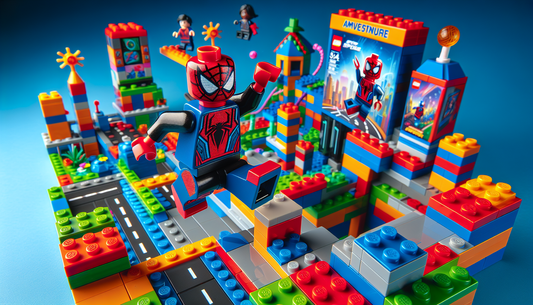 A thrilling LEGO adventure: Constructing amusement with your admired masked vigilante! A scene showcasing a mini-figure in a red and blue costume with a spider motif, effortlessly moving across a worl