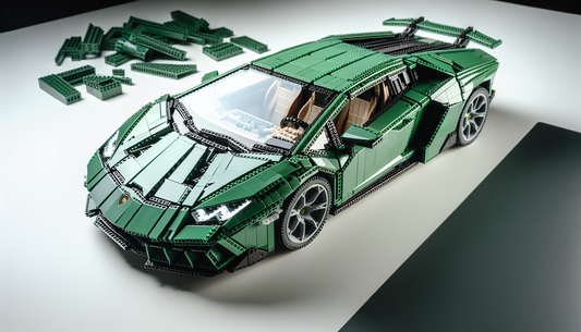 Construct a miniature model of a Lamborghini Sián using plastic block building pieces. The model should be detailed and precise, showcasing the distinctive features of the sports car. This includes th