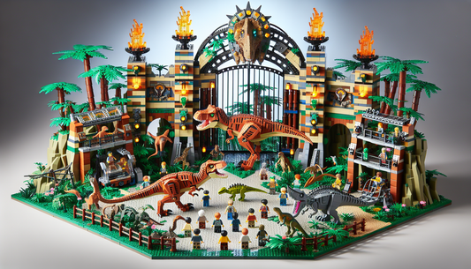 Unleashing Adventure: An interconnected brick-based dinosaur theme park. This imaginary playset includes a grand entrance gate with torch lights, a jungle full of green leafy trees, and several dinosa