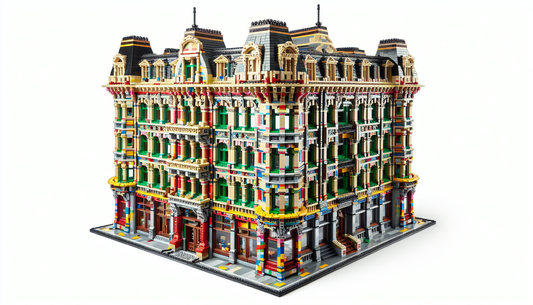 A detailed close-up image of a building made with LEGO set number 10311. The building is constructed using various colorful LEGO bricks, with architectural details such as windows, doors, and a roofto