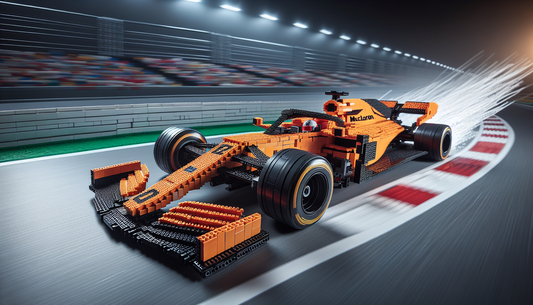 An assembly of Lego bricks shaped into a fast and sleek Formula 1 racing car. The Lego creation is composed mainly of orange pieces, hinting at the iconic color of McLaren. It features intricate detai