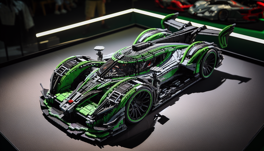 A brilliant display and composition of a miniature racing car, designed with plastic block elements reminiscent of the popular children's building toy. The car's design is inspired by a hypercar, boas