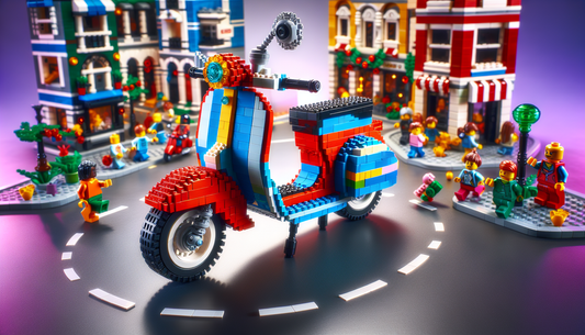 A festive scene featuring a Vespa scooter made entirely out of brightly colored Lego bricks. The Lego Vespa sits on a smooth Lego street with Lego buildings in the background. The blocks which compris