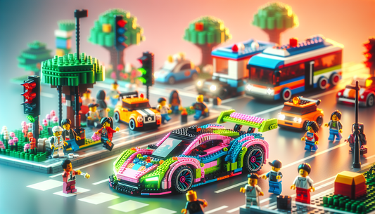 A playful and cheerful scene of LEGO cars. There's a racing car with vibrant and neon colors, flaunting a sleek design, standing out on a LEGO-based road. The LEGO bricks are carefully arranged to cre