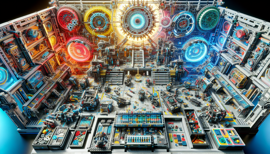 An immersive visualization of an imaginary 2022 release of a LEGO Technic set. Showcase a futuristic expanse of intricate gears, sleek bricks, and mechanical parts, brimming with vibrant colors. Invok