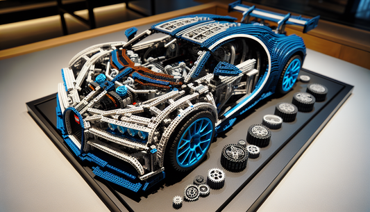 A detailed depiction of a LEGO Technic model, specifically of a high-performance luxury sports car, Bugatti Chiron. The picture should showcase the intricate design and complexity of the LEGO model wi
