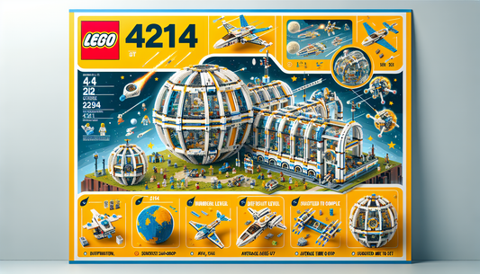 An educational banner showcasing the LEGO set 42143. The banner includes several key informational elements: viz., the number of blocks inside the set, difficulty level, suggested age-group, average t