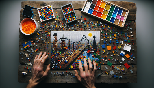 Display an image that showcases the boundless world of Lego Dots. The scene should be full of vibrant, colorful Lego Dots scattered around a rustic wooden table, ready to be used for creativity. Some