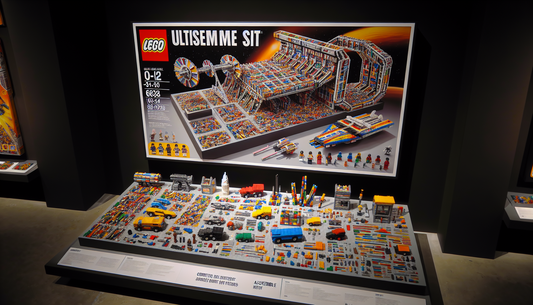 Display an image of a fictional building set composed of multiple small, colorful, interlocking bricks. The set, labeled as '60383', is promoted as the ultimate assembly kit, boasting an extensive arr