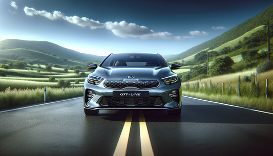 Visualize the Kia Ceed GT Line car with its elegant and sporty elements. Feature its sleek body lines, bold front grille, aerodynamic design, and distinctive head and tail lights. The setting should b