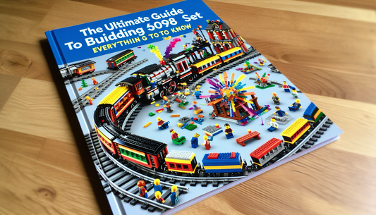 An informative guidebook cover titled 'The Ultimate Guide to Building Set 60198: Everything You Need to Know'. The cover features a colorful illustration of a complex toy train set with multiple train