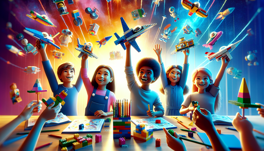 A vivid and exciting scene depicting an educational environment where children of varying descents and genders are engaged in playful learning. The focus is on a LEGO Education Spike set, a popular to