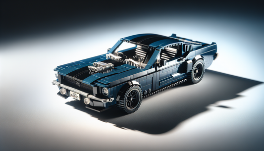 A miniature LEGO model of an iconic classic car, resembling the style of the Ford Mustang. The car has a dazzling dark blue body, with a jet-black interior. Detailed features include a LEGO built V8 e