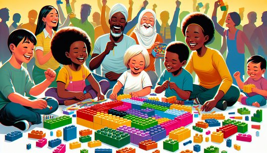 Visualize a scene showcasing an unbranded, multicolored, interlocking brick toy set, commonly known by the code 10308: 'Building Fun for All Ages'. Include an assortment of different sized bricks and 