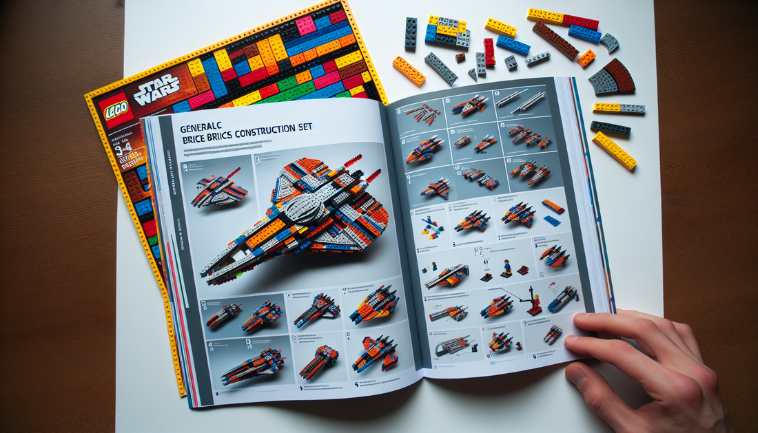An illustrative guide for a generic interlocking brick construction set that features three hundred pieces with various shapes and vibrant colors. The guide consists of stepwise instructions leading t