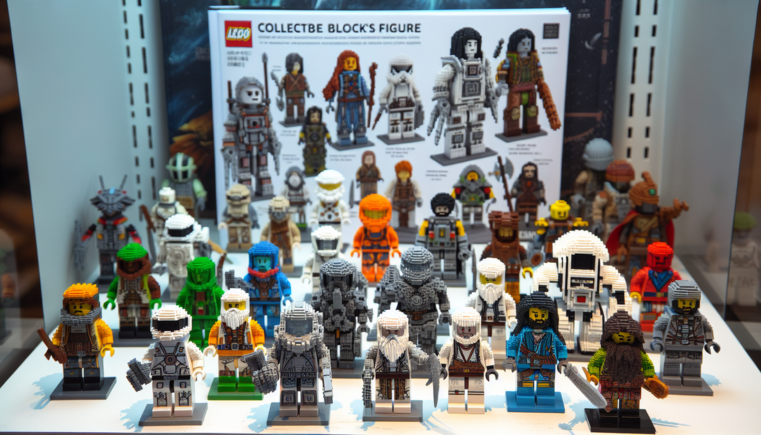 A collection of miniature block-style figures. Each figure is unique and shows extensive detailing, made completely out of interlocking plastic bricks, akin to the style of a popular Danish building b