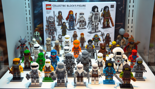 A collection of miniature block-style figures. Each figure is unique and shows extensive detailing, made completely out of interlocking plastic bricks, akin to the style of a popular Danish building b