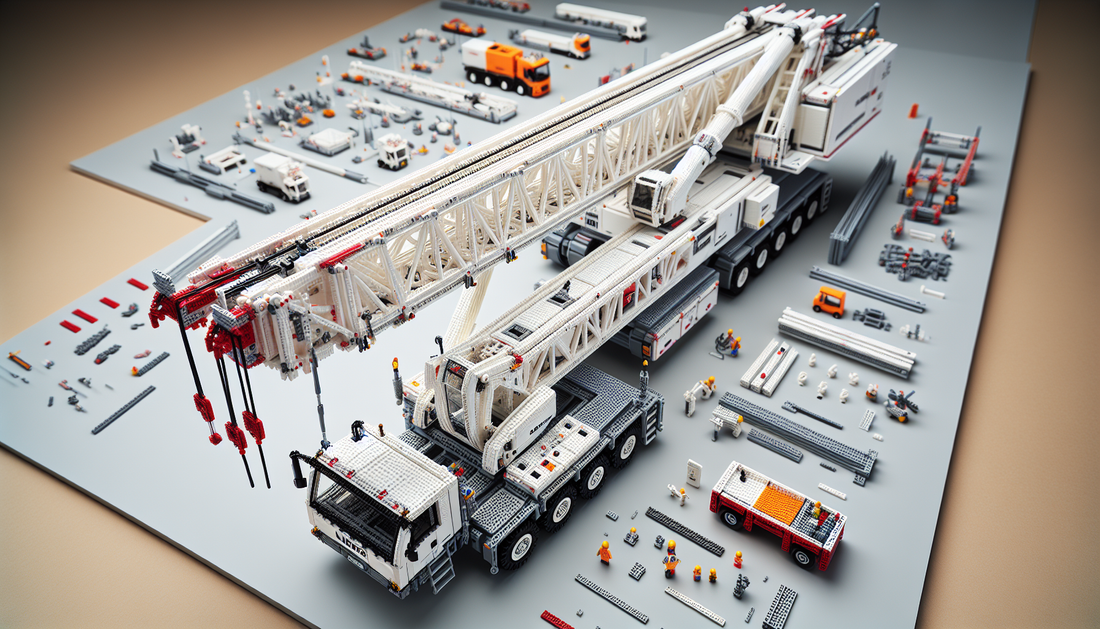 A detailed, close-up examination of a toy replica of a crane model, inspired by the Liebherr LTM 11200. This toy is made of small, interlocking plastic bricks that build a large mobile crane, complete