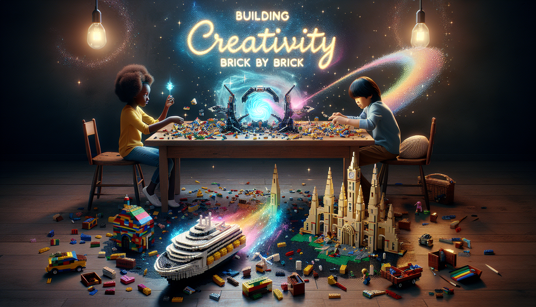 A scene that showcases the magic of LEGO. Picture this; an array of colorful plastic bricks scattered across a plain wooden table. The hands of an African girl on one side and an Asian boy on the othe