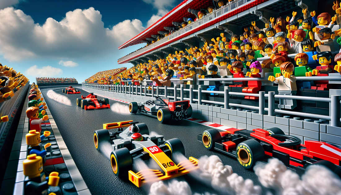 Imagine the excitement of Formula 1 racing captured in the blocks and bricks of Lego. Visualize a detailed Lego Formula 1 racing scene with a racetrack filled with miniature multi-colored Lego race ca