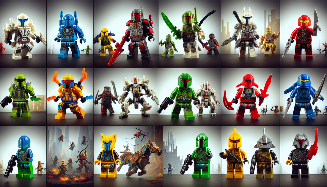 Create an image of imaginative and playful figures crafted entirely from interlocking plastic bricks. These figures should be iconic and easily identifiable, accentuated by the vibrant colors and shar