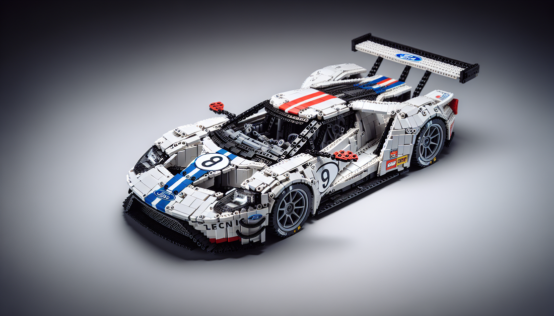 A small, detailed, and intricate model made from Lego Technic pieces. The model is a replica of the Ford GT, a high-performance sports car. The model is visually stunning, featuring the vehicle's slee