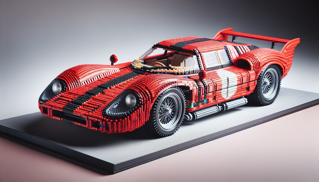 A creation of a detailed model car built using multicolored plastic building blocks. The model car is an iconic, vintage speed machine, meticulously crafted with bricks emulating sleek curves, pronoun