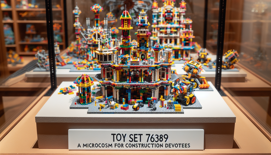A scene featuring a small and intricate toy building set. The set includes multicolored blocks of different shapes that allow for creativity and structural diversity. The set is admired by builders fo