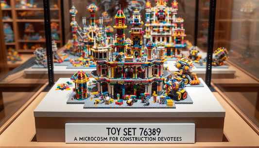 A scene featuring a small and intricate toy building set. The set includes multicolored blocks of different shapes that allow for creativity and structural diversity. The set is admired by builders fo
