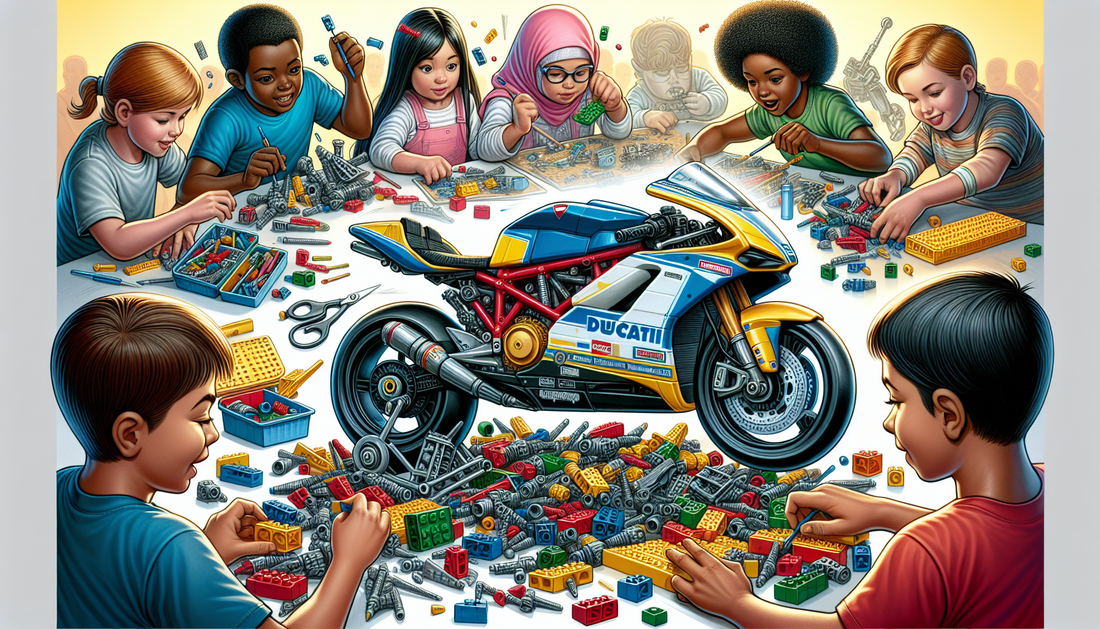 A detailed illustration of a lively toy building scenario. There are plastic building bricks, popular among kids, meticulously constructed to resemble a high-performance motorbike akin to a Ducati. Th
