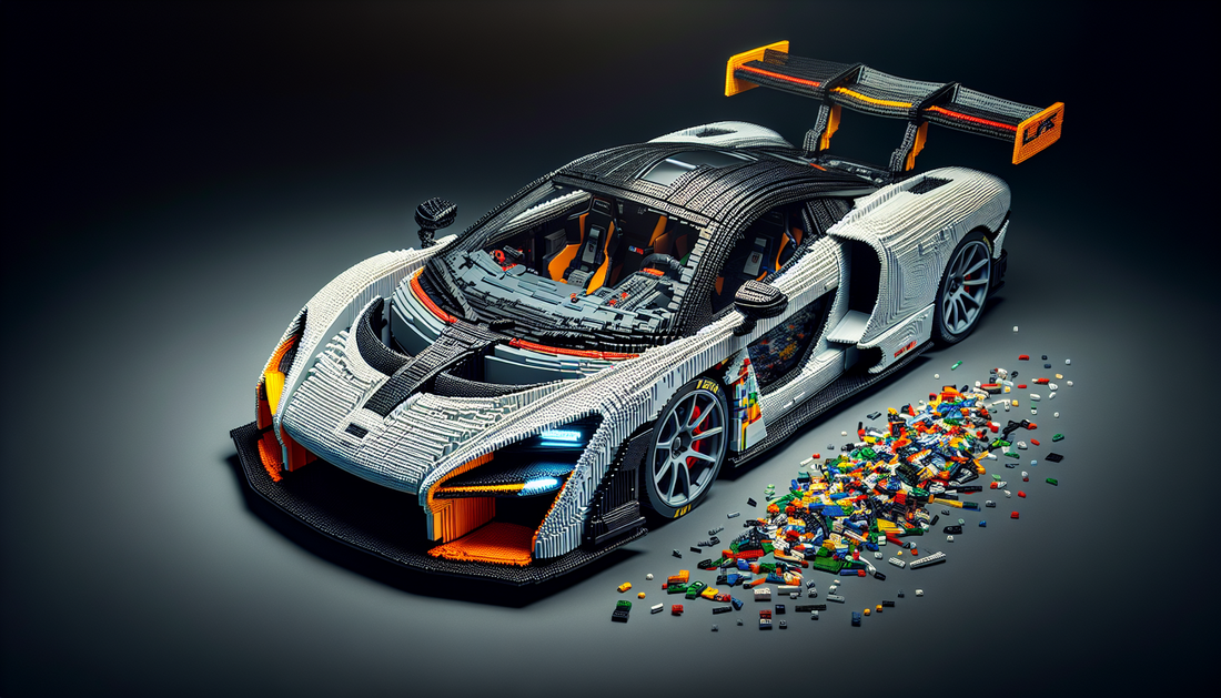 A detailed look at an assembled building block model of a McLaren Senna GTR. It is composed of multi-colored plastic blocks and shows an accurate portrayal of the car's sports design. Note the intrica