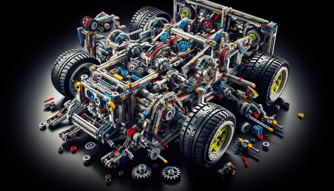 An intricate inspection of LEGO Technic Set 42144. The image should showcase the various key components of the set, notably the intricate designs, the unique colors showing diversity in blocks, and th