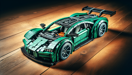 Create an image of a toy car model built from interlocking plastic bricks. This toy car model is inspired by a luxurious European sports car known for its sleek design and brilliant performance. It sh