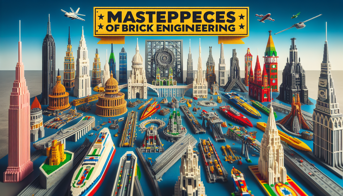 Show a collection of top masterpieces of brick engineering, showcasing their complexity, intricacy, and creativity. The view should highlight an assortment of diverse structures like skyscrapers, brid