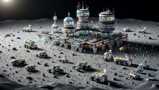 Showcase a futuristic depiction of a lunar research base assembled from multi-colored interlocking building blocks. The base should incorporate several small interconnected structures, various types o