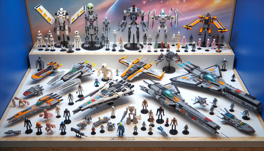 An image of the newest sets of 2023 interstellar saga themed plastic bricks construction toys. The display includes various starships, alien creatures and humanoid figures in action poses, ready for a