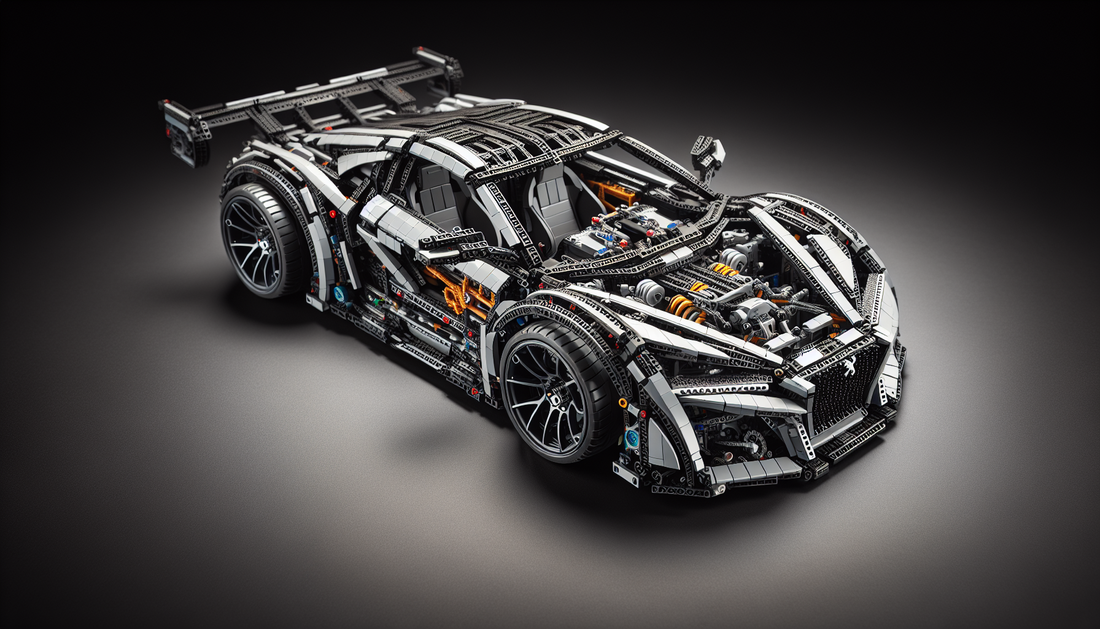A detailed exploration of a Lego Technic model resembling a generic sports car, designed in the likeness of a Peugeot. The car features a sleek aerodynamic body with sweeping lines, deep-dish wheels, 