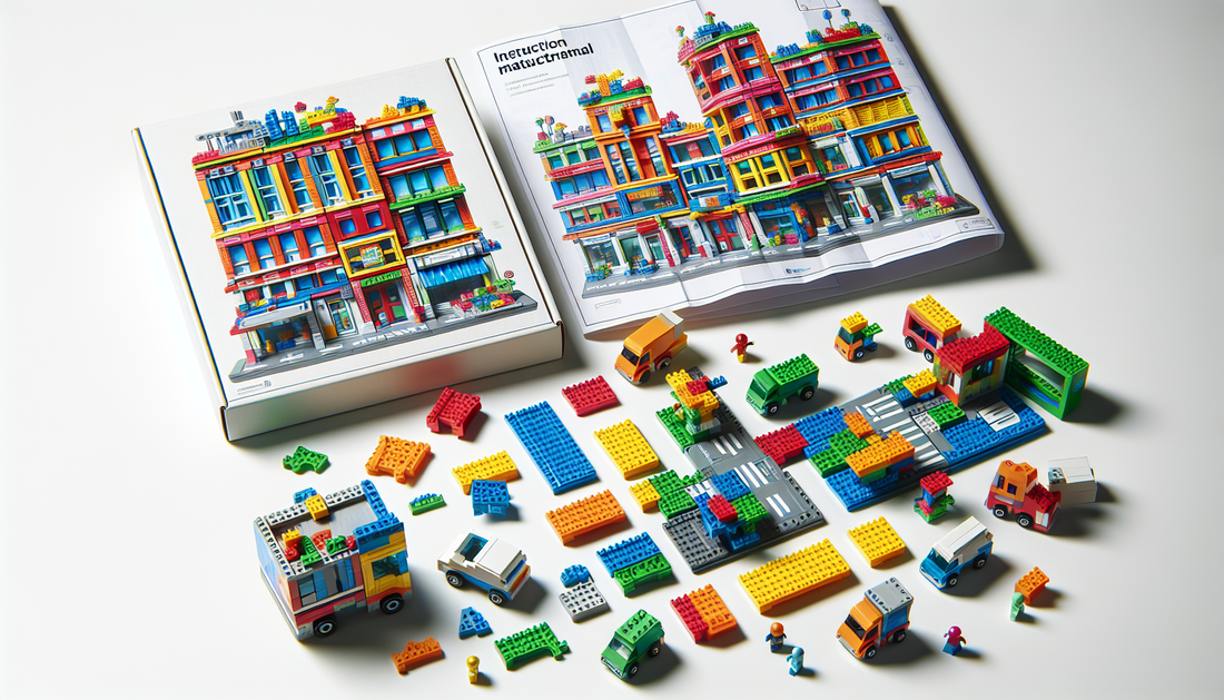 Generate an image of a generic plastic interlocking toy set, with various vibrant pieces. The set should have elements of a vibrant city theme, including buildings, vehicles and small figures to repre