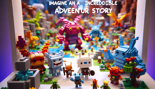 A playful diorama depicting an incredible adventure story. Imagine a block-style designed world reminiscent of popular construction toys, filled with creatures showing characteristics akin to popular 